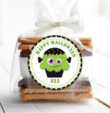 Kids Halloween Frankenstein cupcake sticker with cute monster illustration