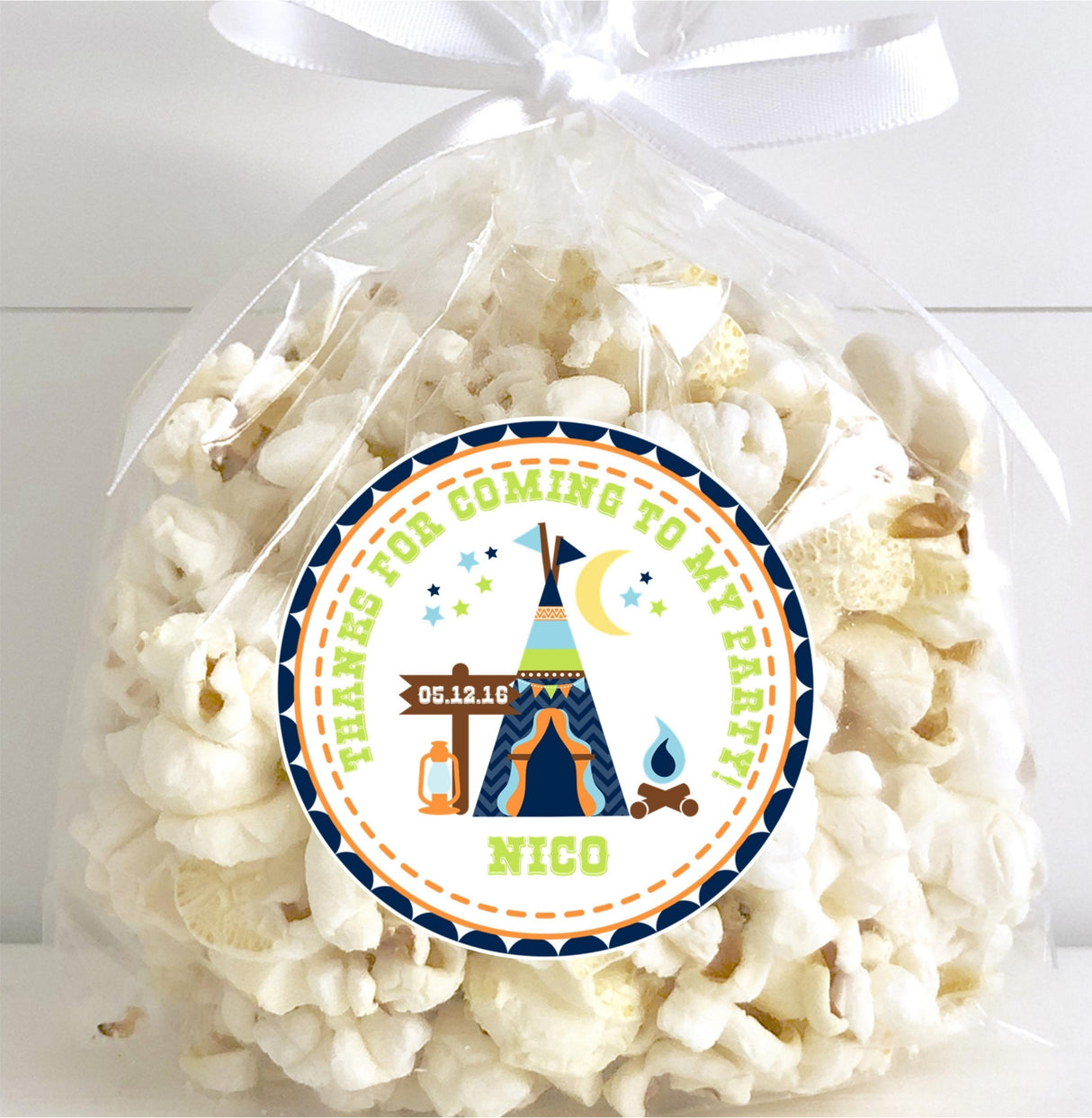 Kids camping birthday sticker with teal and navy tent design