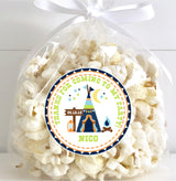 Kids camping birthday sticker with teal and navy tent design