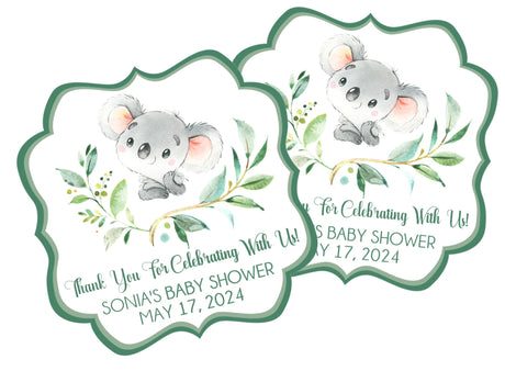 Koala baby shower sticker with greenery and scalloped green border