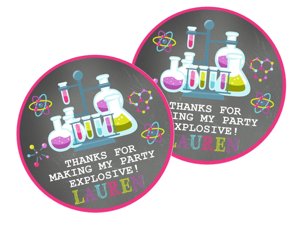 Laboratory theme party favor sticker in pink and chalkboard colors