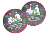 Laboratory theme party favor sticker in pink and chalkboard colors