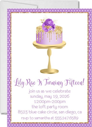 Lavender And Gold Cake Birthday Party Invitations