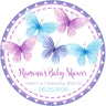 Lavender and blue butterfly baby shower sticker with soft pastel tones