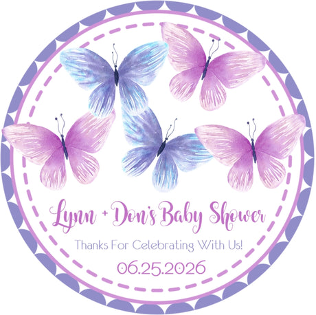 Lavender and purple butterfly baby shower sticker with soft pastel tones