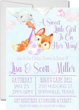 Lavender fox baby shower invitations pastel design