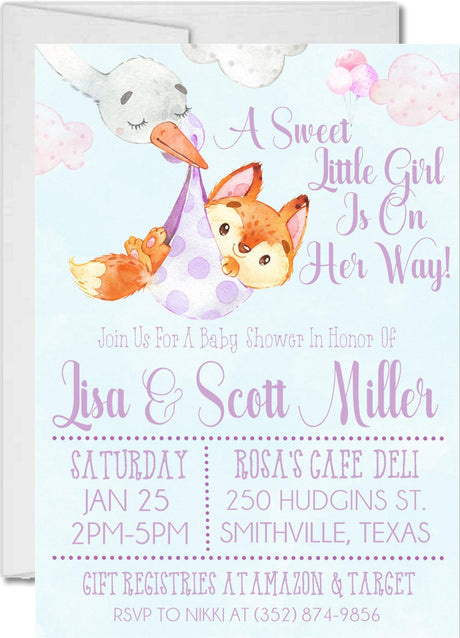 Lavender fox baby shower invitations pastel design