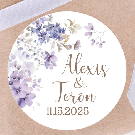 Lavender hydrangea wedding sticker with personalized names and wedding date