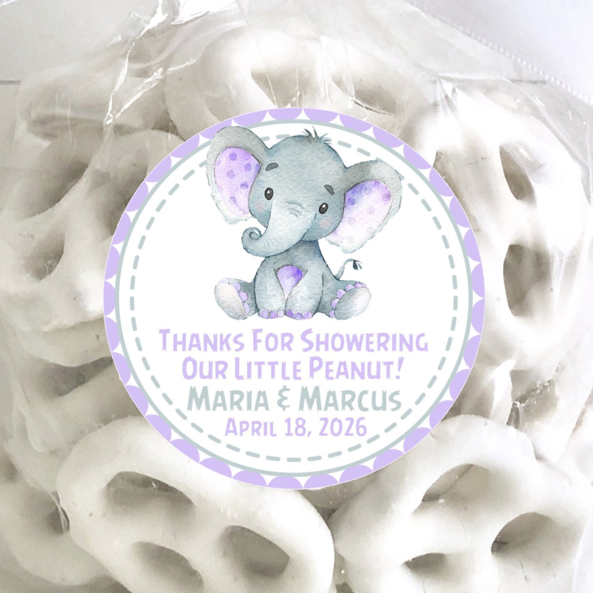Lavender little peanut baby shower favor labels with elephant design