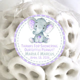Lavender little peanut baby shower favor labels with elephant design