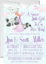 Lavender raccoon baby shower invitations