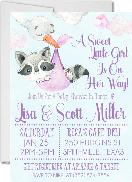 Lavender raccoon baby shower invitations