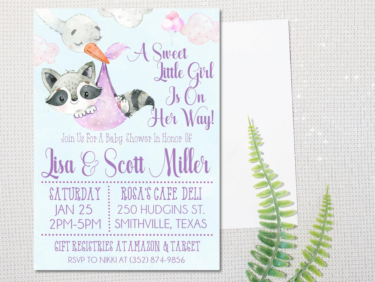 Lavender watercolor raccoon invitation cards whimsical woodland style