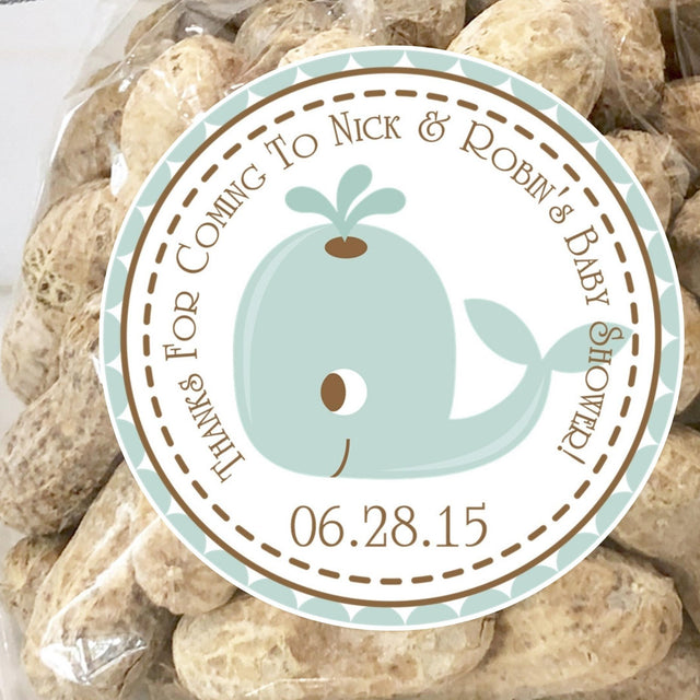 Light blue and brown whale baby shower sticker