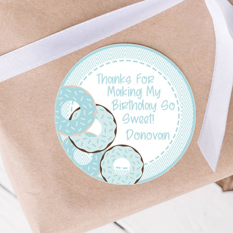 Light blue donut birthday sticker with chevron border