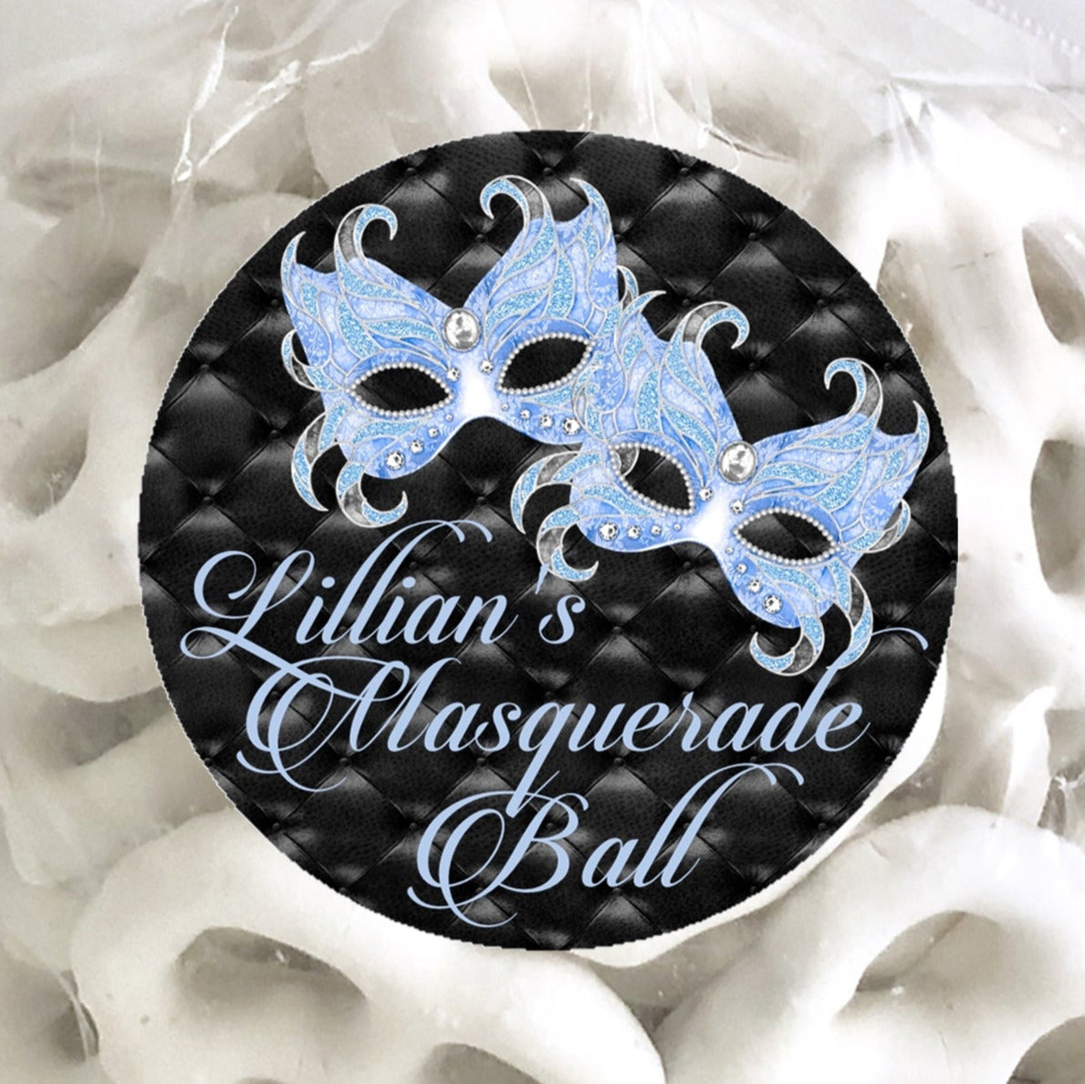 Light blue masquerade mask sticker with rhinestone-style accents