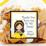 Light skin sitting bee girl birthday sticker with yellow bow dress.
