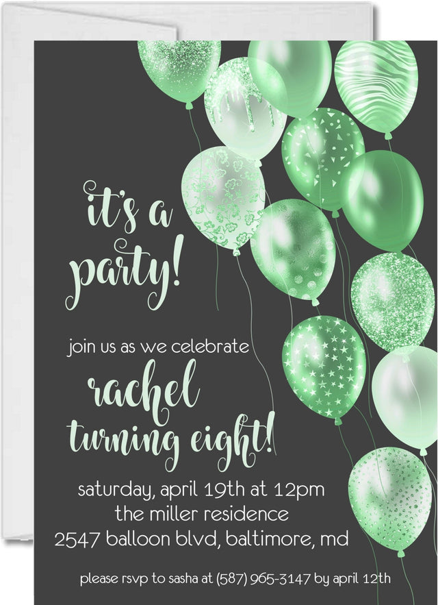 Lime Green And Grey Balloon Birthday Party Invitations