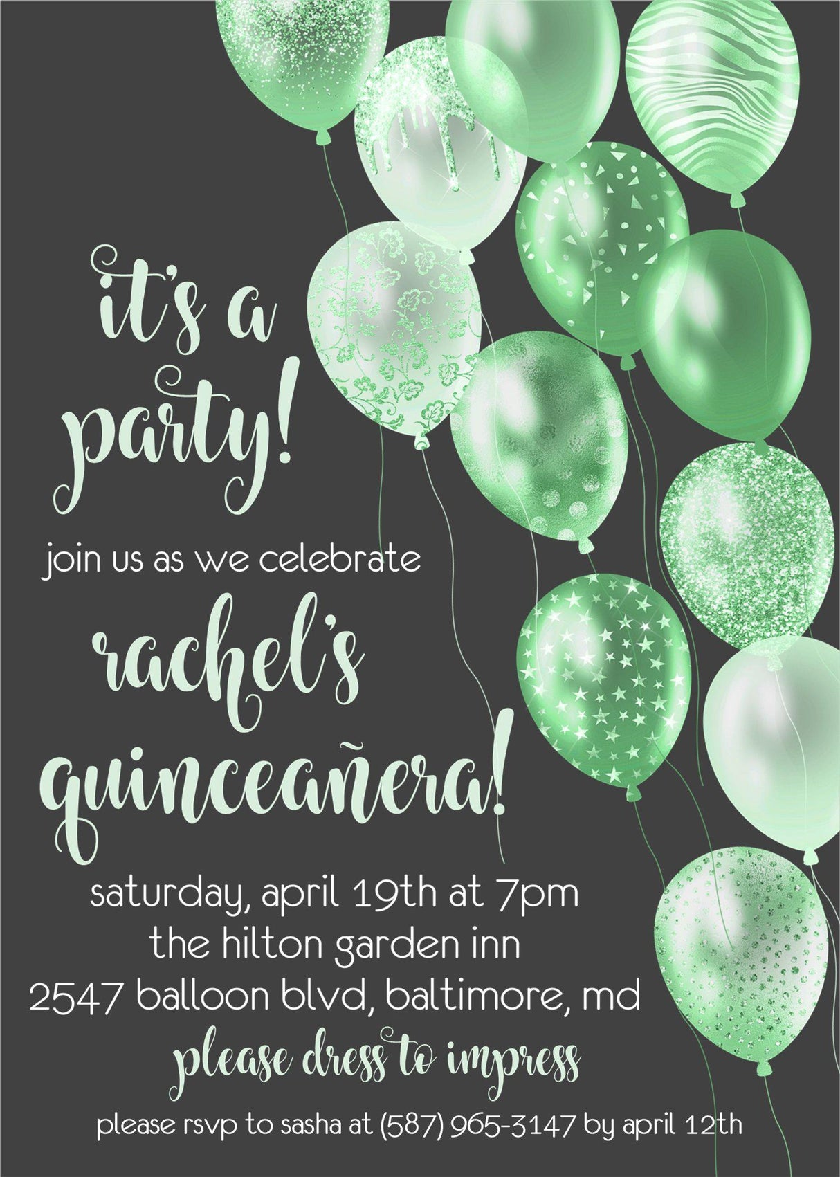 Lime Green And Grey Balloon Quinceanera Invitations