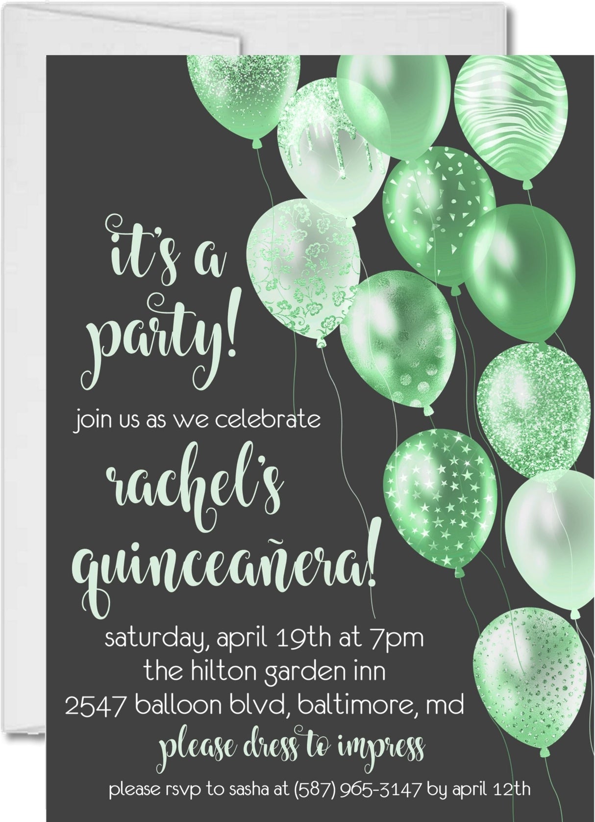Lime Green And Grey Balloon Quinceanera Invitations