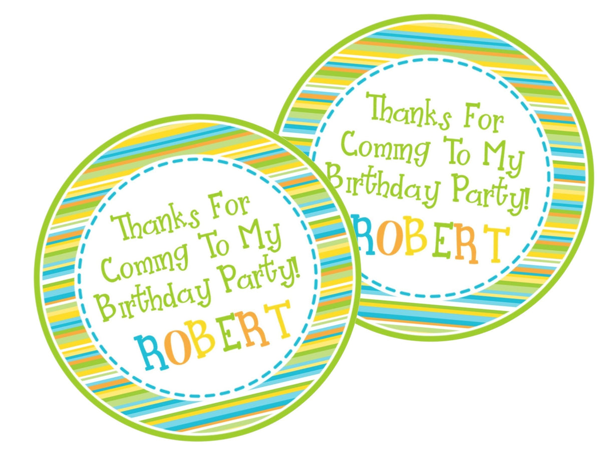 Lime and blue striped birthday sticker with custom name