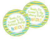 Lime and blue striped birthday sticker with custom name