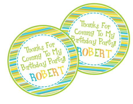 Lime and blue striped birthday sticker with custom name