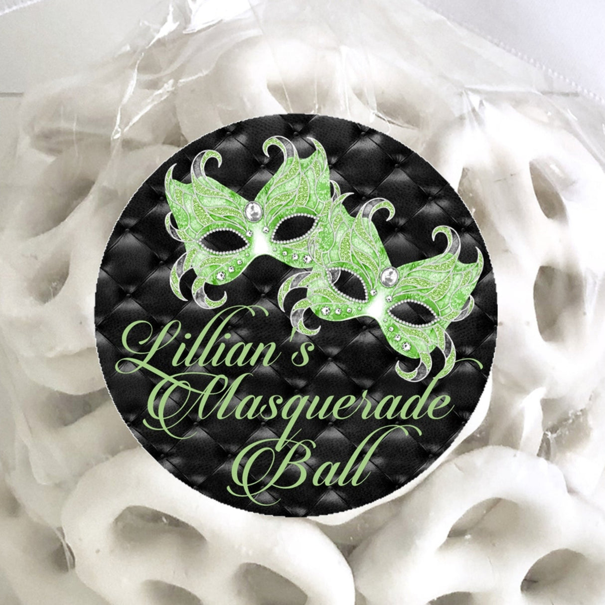 Lime green masquerade mask sticker with rhinestone-style details