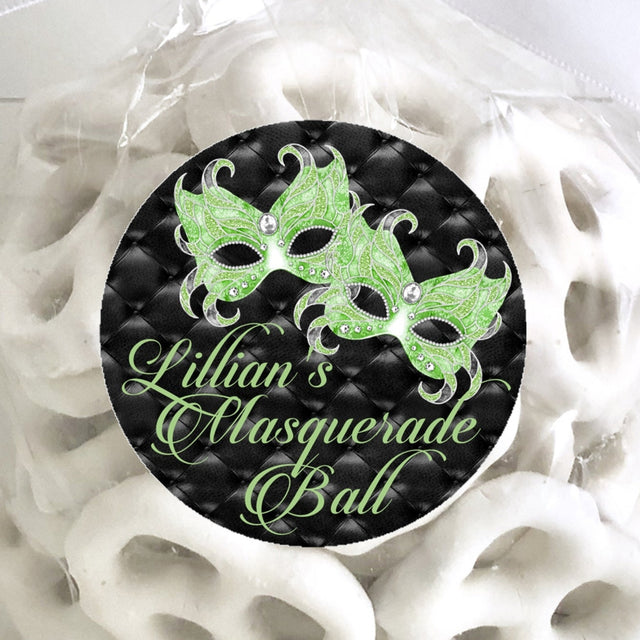 Lime green masquerade mask sticker with rhinestone-style details