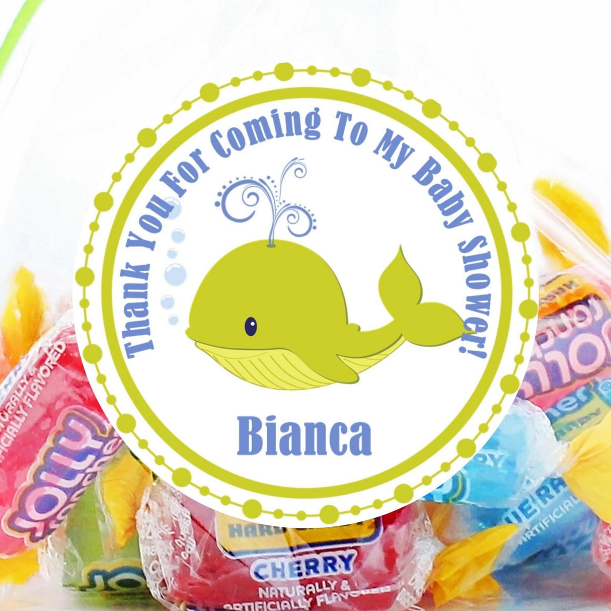 Lime green whale baby shower sticker