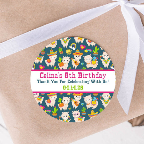 Llama fiesta birthday sticker with colorful llamas