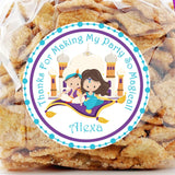 Magic Carpet Ride Aladdin themed birthday sticker with palace background