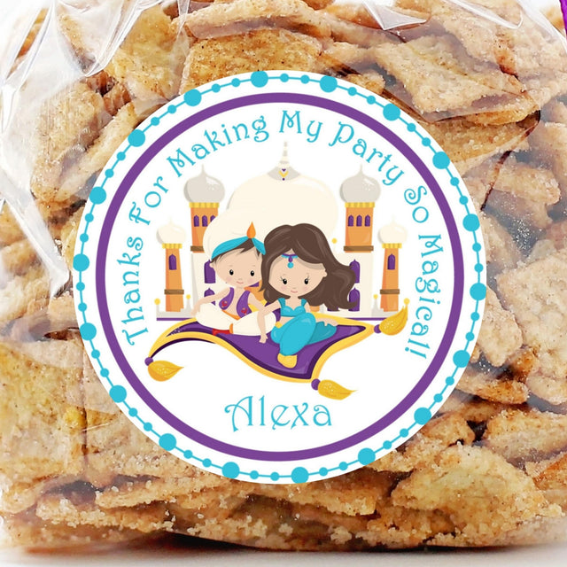 Magic Carpet Ride Aladdin themed birthday sticker with palace background