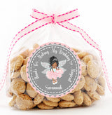 Magical fairy party favor label with wings, tiara, and stitched border design