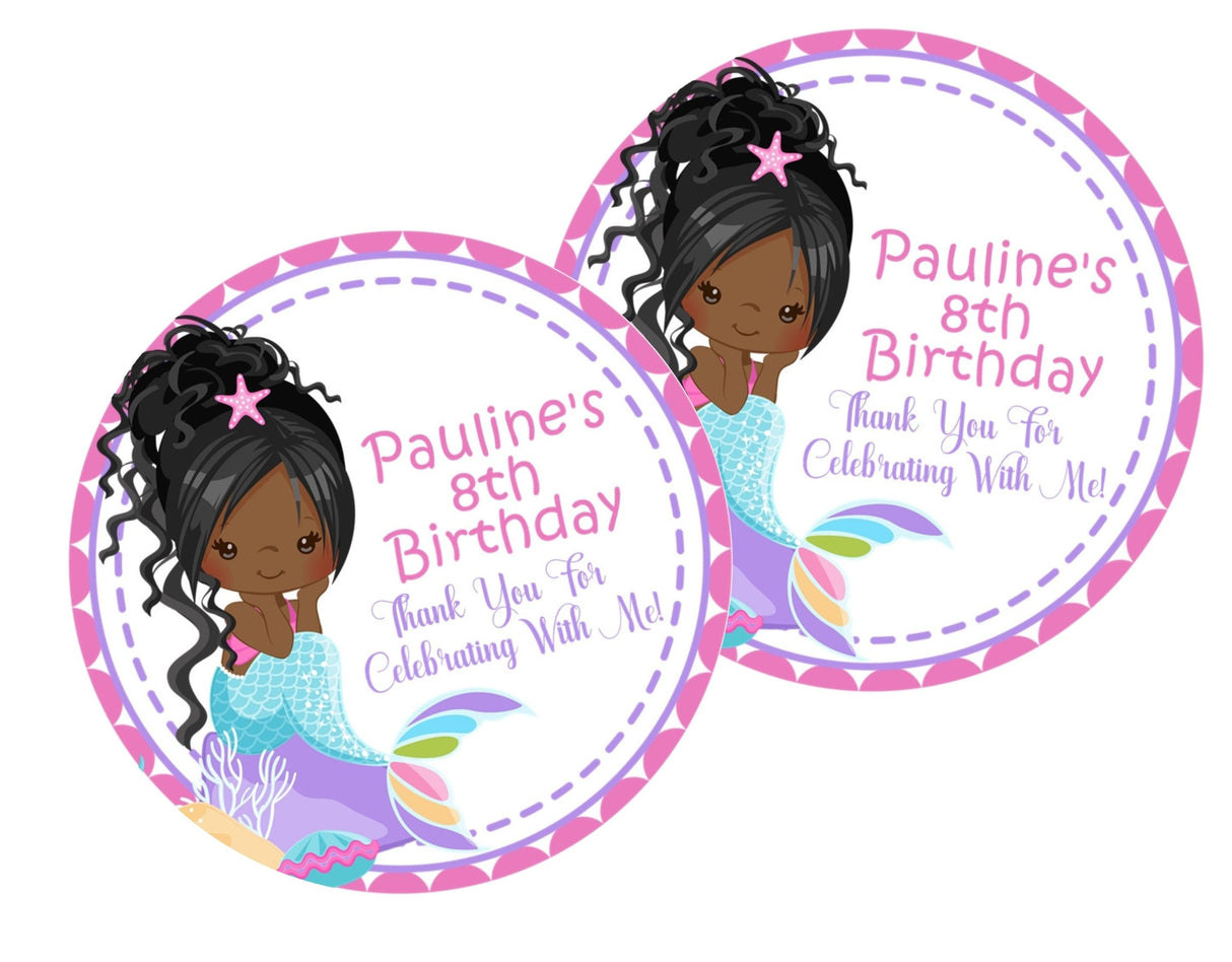 Mermaid favor label with rainbow tail and pink starfish hair clip