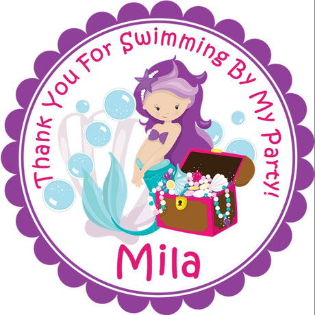 Mermaid party favor sticker with treasure chest and underwater design