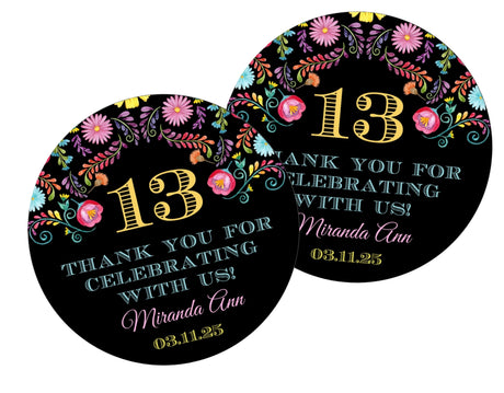 Mexican folk art party favor label in vibrant colors
