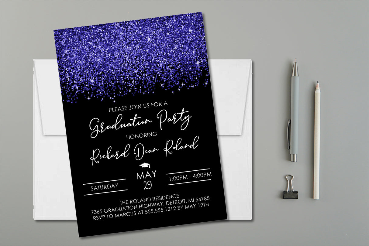 Midnight blue graduation party invitation with confetti design on black background
