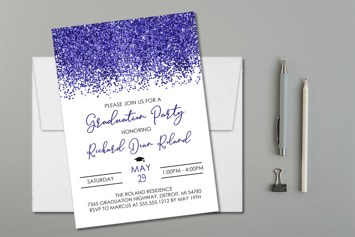 Midnight blue graduation party invitation with confetti design on white background