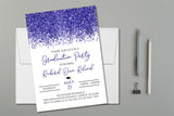Midnight blue graduation party invitation with confetti design on white background