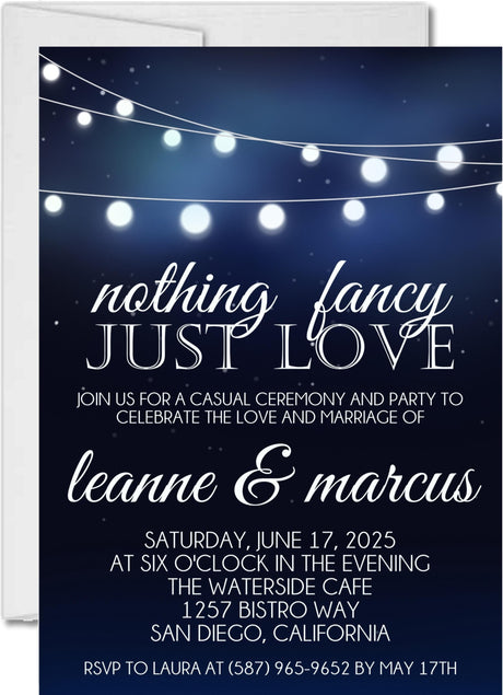 Midnight blue wedding invitation featuring hanging bistro lights and evening celebration theme