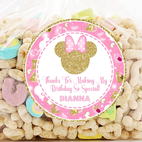 Minnie Mouse first birthday favor label in pink and gold