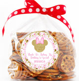 Minnie Mouse party favor label in pink and gold theme