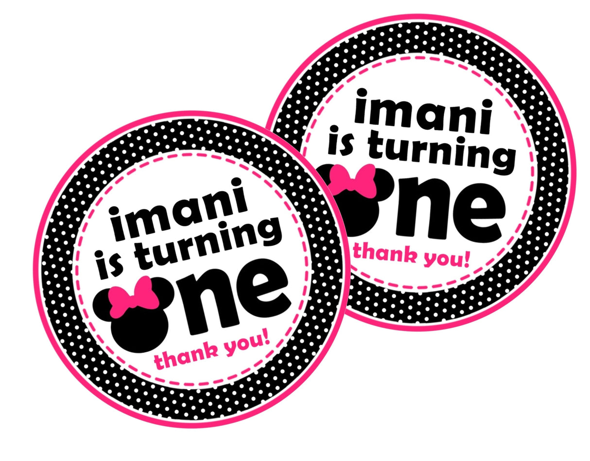 Minnie silhouette with bright pink bow party favor label