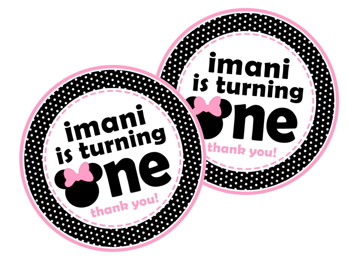 Minnie silhouette with pink bow party favor label