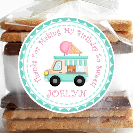 Mint and pink ice cream truck birthday sticker with sprinkles