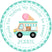 Mint ice cream truck birthday sticker with pink scoop detail and personalized name