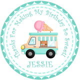 Mint ice cream truck birthday sticker with pink scoop detail and personalized name