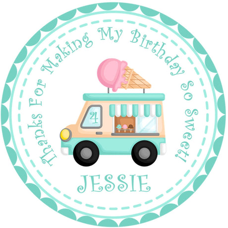 Mint ice cream truck birthday sticker with pink scoop detail and personalized name