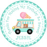 Mint ice cream truck birthday sticker with pink scoop detail and personalized name